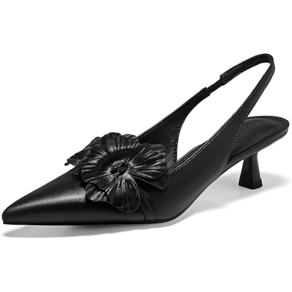 Womens Black Flower Closed Pointed Toe Slingback Kitten Heel Wedding Pumps Shoes